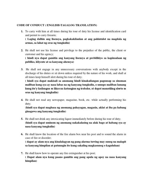 CODE OF CONDUCT tAGALOG TRANSLATION .